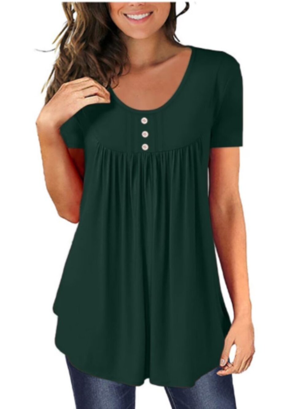Popyoung Solid Color Round Neck Button Pleated Short Sleeve Tops Size Medium